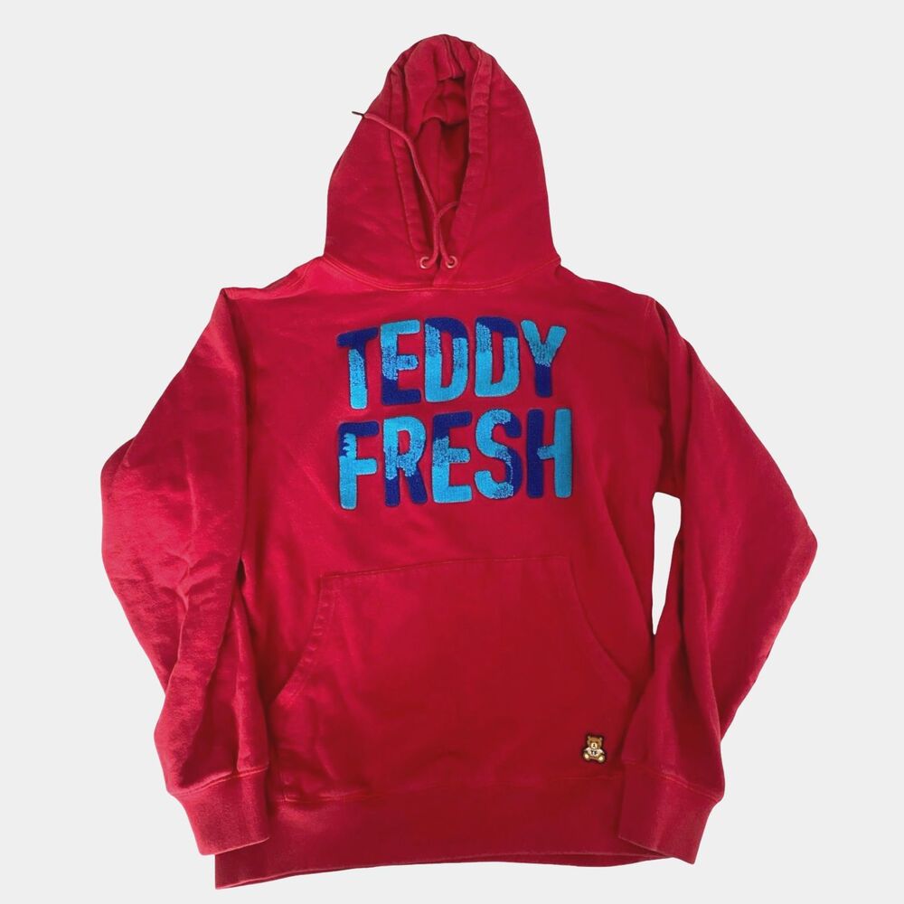 Teddy Fresh Red Spellout Hoodie Sweatshirt S Textured Blue Logo H3H3 Streetwear